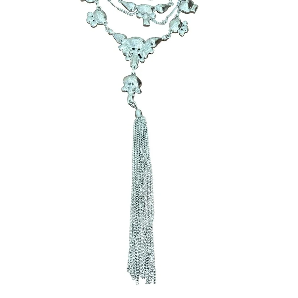 GUESS Silver Tone Layered Statement‎ Necklace Pastel Crystal Bib Multi Chain Y2K